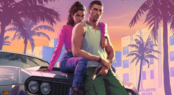 Para z GTA 6 na PS5 siedzi na masce samochodu na tle palem i hotelu Atlantis.