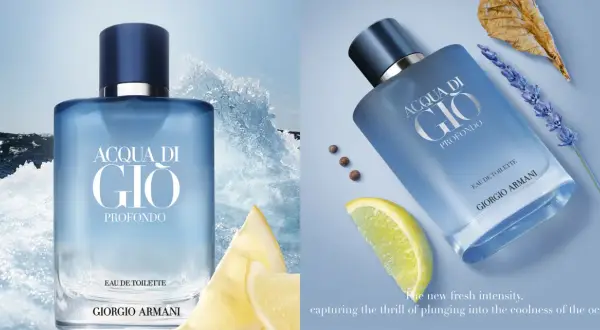 Flakon Acqua di Gio Profondo Giorgio Armani na tle morskich fal i z dodatkiem cytryny, lawendy i pieprzu.