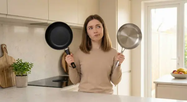 Une femme hésite entre une poêle antiadhésive et une poêle en inox. Quel ustensile représente un danger ?