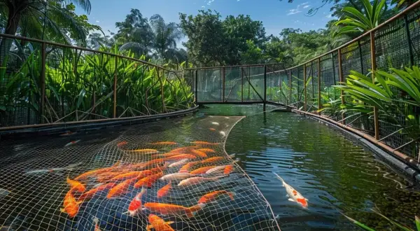 Un étang luxuriant abrite une multitude de poissons koïs colorés, certains pris dans un filet, d'autres nageant librement. Ces poissons, qui se nourrissent de poissons, évoluent dans un décor tropical verdoyant.