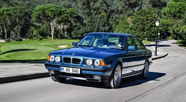 Niebieskie BMW E34 z lat 90. sunie po krętej drodze, mijając malownicze pole golfowe.
