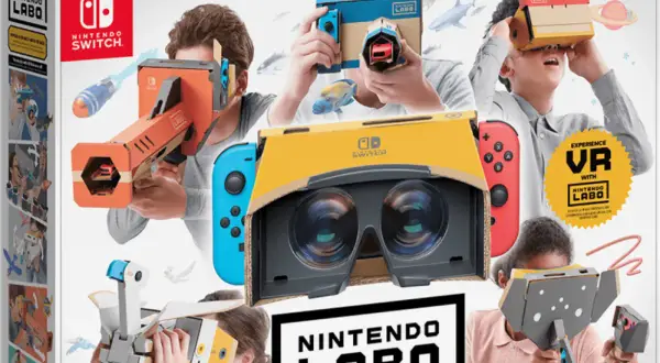 Dzieci bawią się w wirtualnej rzeczywistości z Nintendo Switch VR. Zestaw zawiera kartonowe gogle i akcesoria do tworzenia własnych przygód.