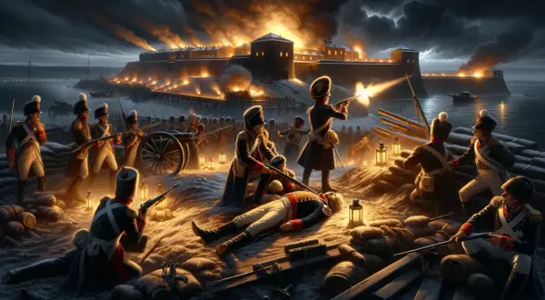 Soldater i strid vid en brinnande fästning. En fallen man i uniform ligger på marken, kanske en scen som påminner om hur dog Karl XII.