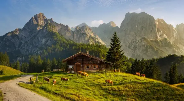 Holzhütte mit Kühen auf einer Alm, umgeben von majestätischen Alpen. Ein idyllischer Ort für einen Alpen Urlaub.