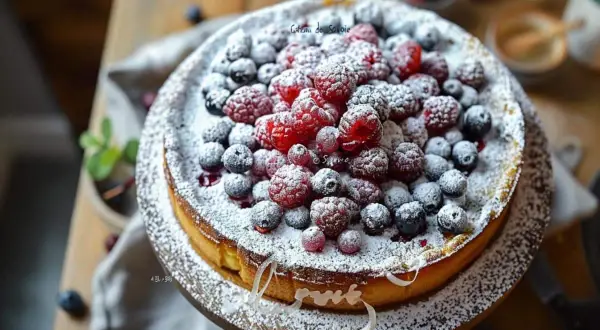 Gâteau de Savoie léger et aérien, généreusement garni de framboises et myrtilles fraîches, saupoudré de sucre glace.