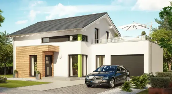 Modernes Haus mit Garage und Satteldach, davor ein dunkles Auto. Sonnenschirm auf der Terrasse.