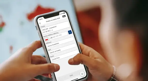 Przelew na telefon BLIK na kwotę 23,45 PLN do Anny Kowalskiej.