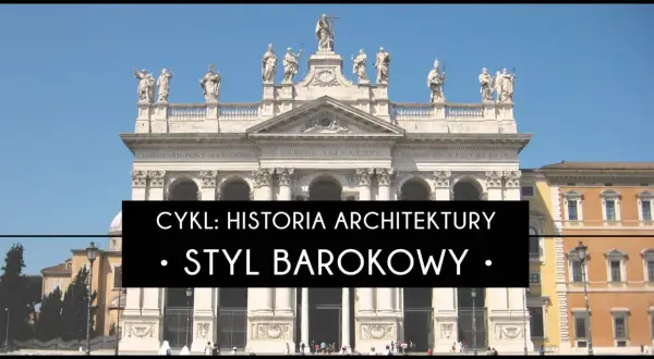 Fasada barokowej bazyliki z rzeźbami na dachu i napisem "Styl barokowy".