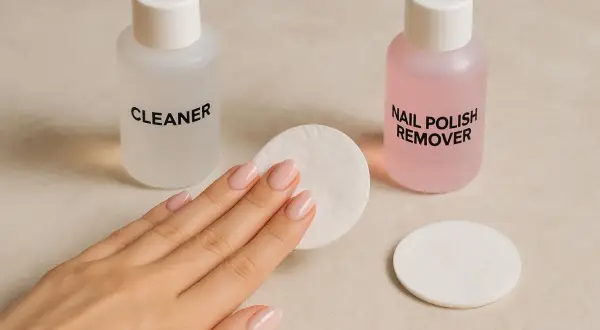 Dłoń z paznokciami obok buteleczek z napisem "CLEANER" i "NAIL POLISH REMOVER". Czym można zastąpić cleaner?