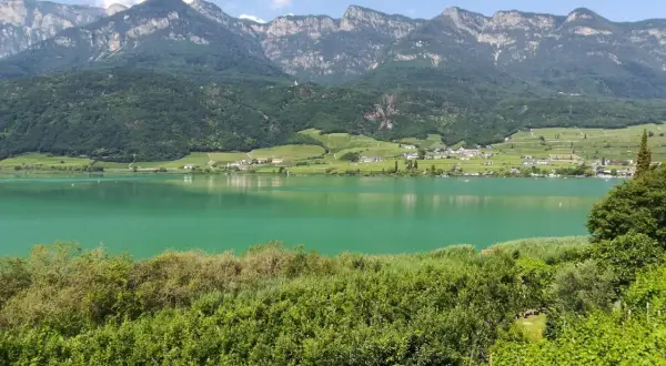 Zielony, spokojny Lago di Caldaro otoczony zielonymi wzgórzami i majestatycznymi górami.