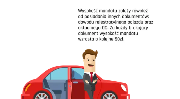 Mężczyzna w garniturze stoi obok czerwonego auta. Tekst informuje o konsekwencjach zgubionego prawa jazdy i braku innych dokumentów.