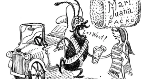Karaluch z napisem "la cucaracha tekst" w ręku, obok samochodu i postaci z napisem "Marijuana Packo".