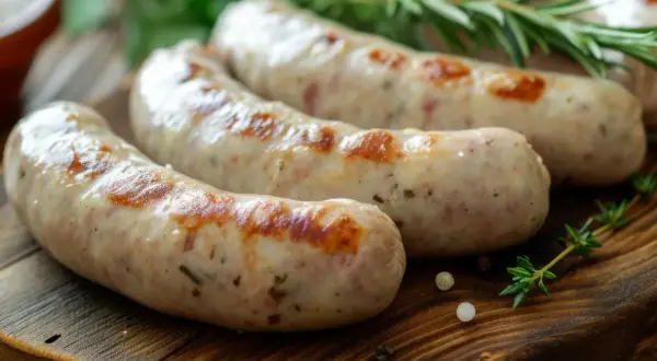 Soczyste, grillowane kiełbaski na drewnianej desce. Idealne do podania, gdy zastanawiasz się, w jakiej temperaturze parzyć kiełbasę po wędzeniu.
