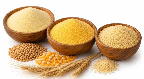 Trzy drewniane misy z semoliną, kaszą kukurydzianą i kuskusem. Obok pszenica, kukurydza i kłosy. Semolina co to?