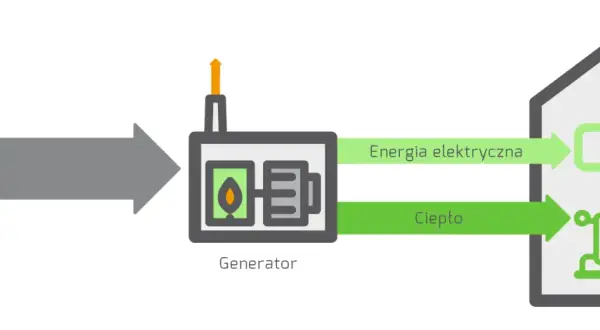 Kogeneracja w domu jednorodzinnym: paliwo zasila generator, który produkuje prąd i ciepło.
