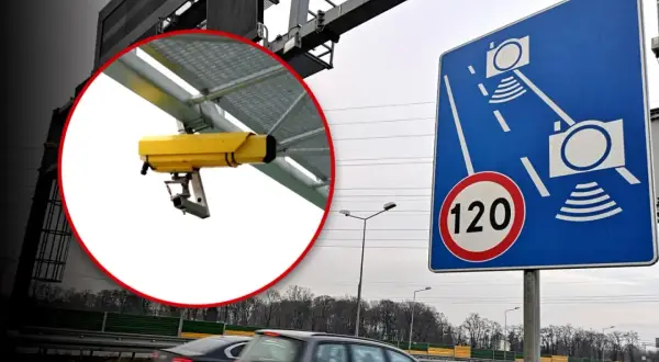 Znak odcinkowego pomiaru prędkości i żółta kamera. Zastanawiasz się, po jakim czasie przychodzi mandat z odcinkowego pomiaru prędkości?