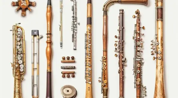 Kolekcja zabytkowych instrumentów dętych, od saksofonu po klarnet, prezentuje kunszt dawnych rzemieślników.