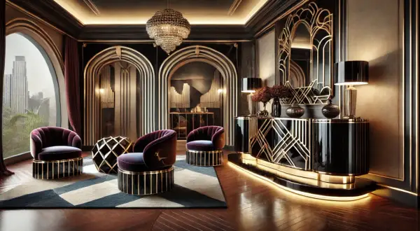 Salotto lussuoso in stile art déco anni 20, con poltrone in velluto viola, mobile bar nero e oro, e un grande specchio decorato.