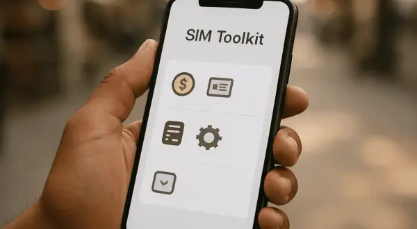 Dłoń trzyma smartfon z aplikacją SIM Toolkit. Ikony symbolizują finanse, wiadomości, ustawienia i inne funkcje.