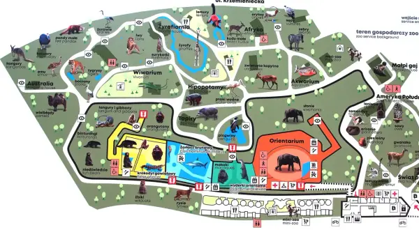 Mapa zoo z zaznaczonym Orientarium, gdzie można zobaczyć słonie. Obok znajdują się wybiegi dla lemurów, makaków i wyderek.