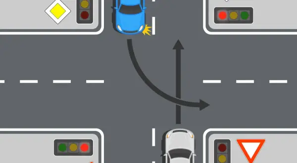 Kreuzung mit Ampel und Verkehrszeichen. Ein blauer PKW biegt ab, während ein weißer PKW geradeaus fährt.