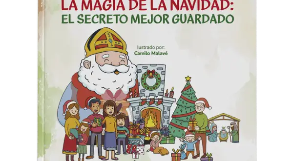 Ilustración de libro infantil sobre las leyendas de navidad, con San Nicolás, una familia, un árbol y un belén.