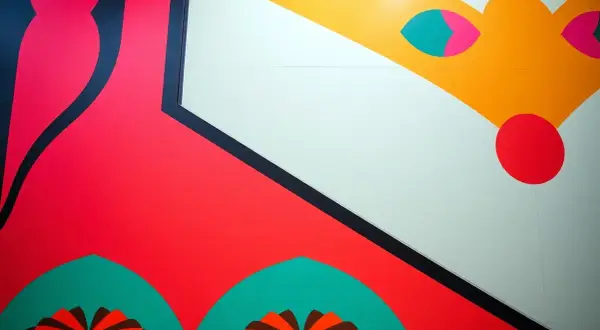Żywe, geometryczne dzieła w stylu art déco z dominującymi czerwienią i żółcią, ozdobione czarnymi liniami i turkusowymi akcentami.