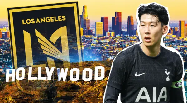 Son Heung-min w Los Angeles, gdzie gra Son. W tle widać panoramę miasta i napis Hollywood.