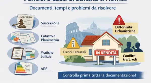 Vendere casa ereditata a Roma: successione, catasto, pratiche edilizie, APE, errori catastali, differenze urbanistiche, conflitti tra eredi. Costo accettazione eredità vendita immobile.