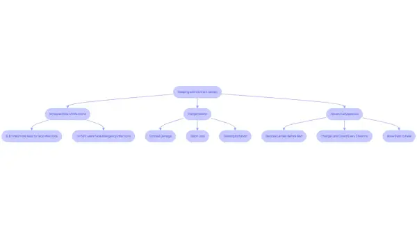 Mind map detailing risks of sleeping with contact lenses, including infections, corneal damage, and vision loss, alongside preventive measures.