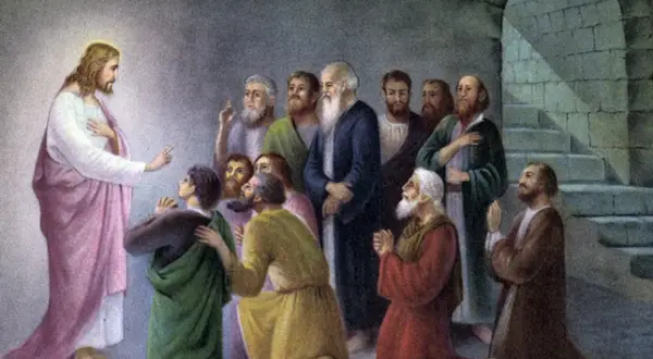 Jezus spreekt tot zijn discipelen. Wie waren de apostelen van Jezus? Hier zie je hen, luisterend en biddend.