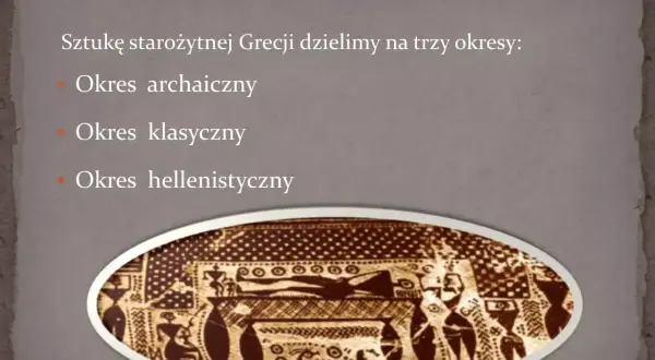 Grafika przedstawia podział sztuki starożytnej Grecji na okresy: archaiczny, klasyczny i hellenistyczny. Widoczny fragment zdobienia nawiązuje do cech rzeźby antycznej.