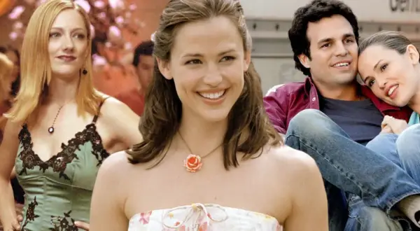 Jennifer Garner ler i en blommig klänning, bredvid Mark Ruffalo. En annan kvinna syns till vänster. Rollistan i 13 snart 30.