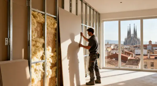 Obrero colocando pladur en una obra interior, con la Sagrada Familia de fondo.