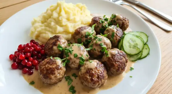 En tallrik med typisk svensk mat: köttbullar i gräddsås, potatismos, rårörda lingon och gurka.