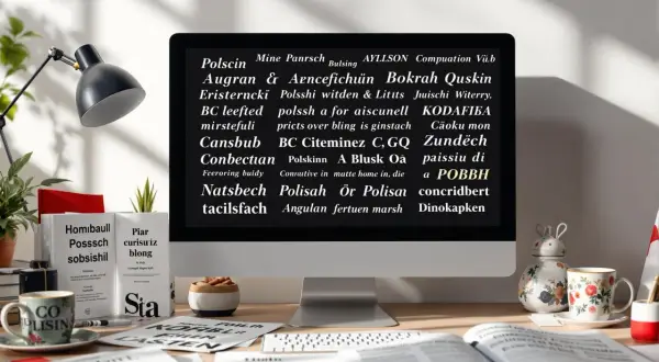 Na biurku stoi komputer z tekstem, gdzie widać polskie znaki. Obok kubek, książki i lampka.