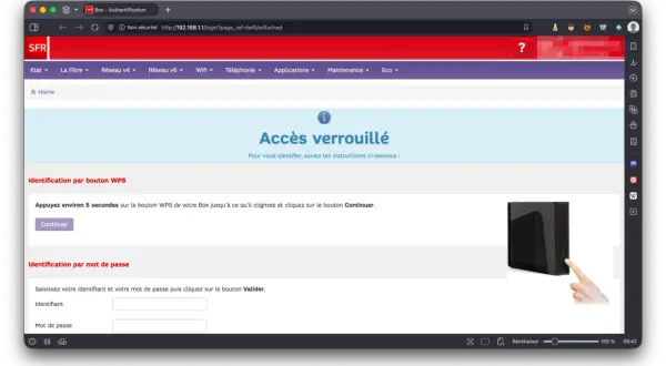 Accès verrouillé. Pour identifier votre Box, appuyez sur le bouton WPS jusqu'à ce qu'il clignote. Une image montre un doigt appuyant sur le bouton WPS.