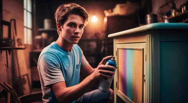 Giovane artista che sta verniciando con bomboletta spray su legno un mobile, creando un effetto arcobaleno.