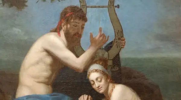Orphée joue de la lyre pour sa femme, Eurydice, dont le regard est empreint de tristesse.
