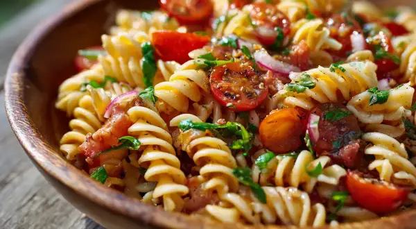 En härlig italiensk pastasallad med fusilli, körsbärstomater, rödlök och färska örter i en träskål. Perfekt för en sommarlunch!