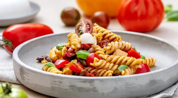 Ein köstlicher italienischer Nudelsalat mit Fusilli, Tomaten, Mozzarella und Basilikum, serviert auf einem grauen Teller.