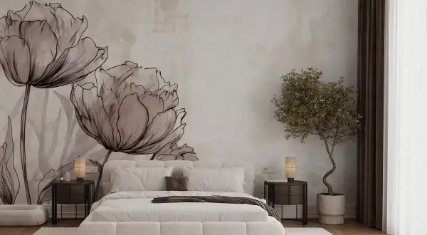 Elegancka sypialnia z fototapetą tulipany w stylu szkicu. Duże, delikatne kwiaty na ścianie tworzą subtelne tło dla białego łóżka i nowoczesnych mebli.