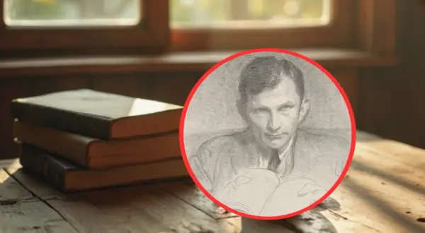 Ołówek portret mężczyzny czytającego książkę, obok stosu starych ksiąg na drewnianym stole.