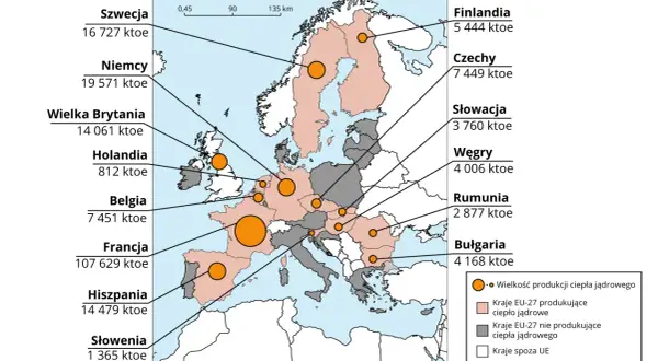 Mapa Europy z zaznaczonymi elektrowniami jądrowymi i ich produkcją. Francja liderem, Polska poza UE.