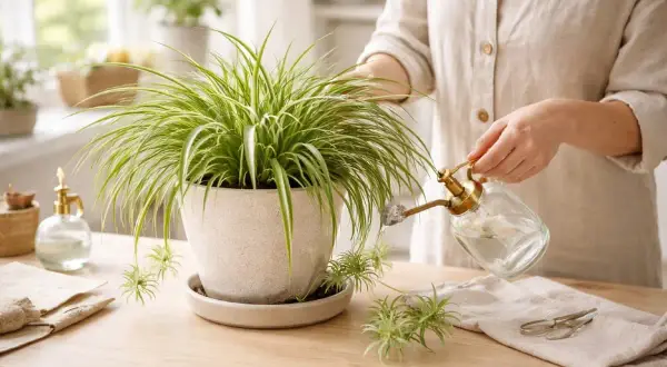 En person vattnar en ampellilja. Små plantor hänger ner som små kattungar.