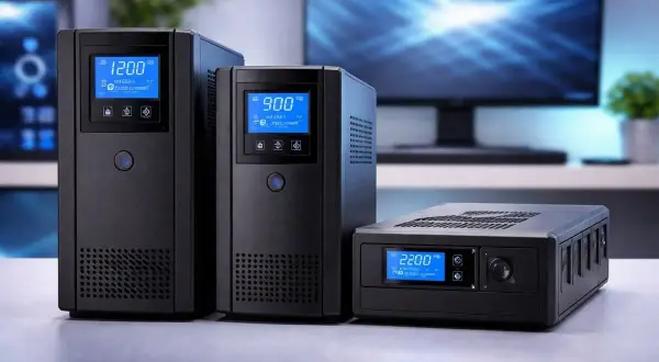 Tres unidades de SAI (Sistema de Alimentación Ininterrumpida) en negro, con pantallas digitales azules, listas para proteger equipos electrónicos.