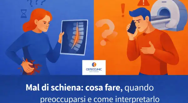 Donna con mal di schiena guarda una radiografia. Uomo al telefono vicino a una risonanza magnetica. Cosa fare per il mal di schiena.