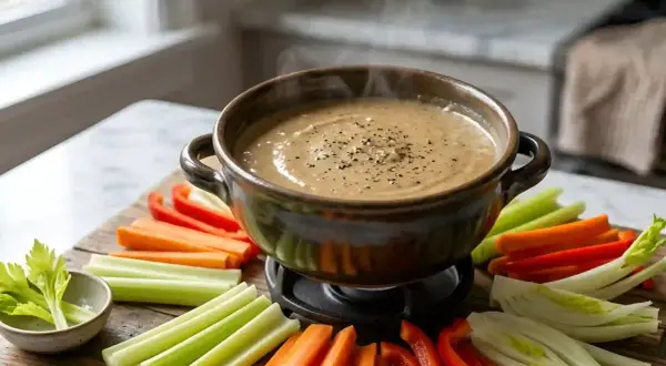 Un bol fumant de bagna cauda, garni de poivre noir, entouré de bâtonnets de légumes croquants : carottes, céleri et poivrons rouges.