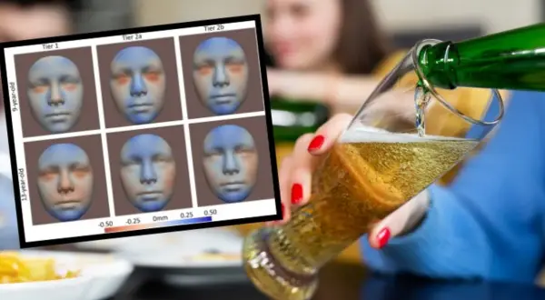 Grafika pokazuje wpływ nieświadomego picia alkoholu na początku ciąży na rozwój twarzy dziecka.