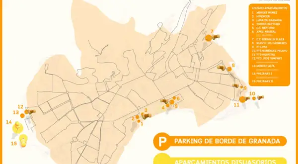 Mapa de la zona de bajas emisiones en Granada, señalando aparcamientos estratégicos de borde y disuasorios.